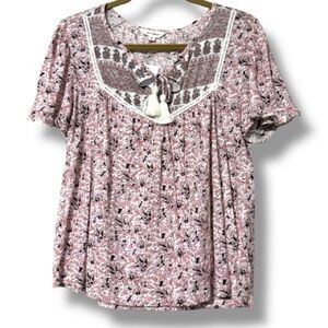 Lucky Brand women’s size medium lace trim floral print top tassel neck nwt